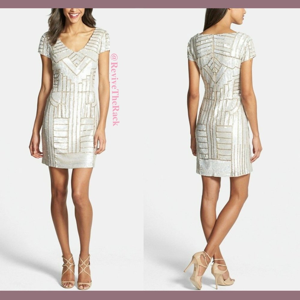 NWT $258 Adrianna Papell Sequin Sheath‎ Dress in Champagne [SZ 14 ]
